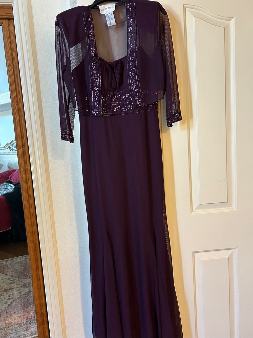 David’s Bridal Plum Long Sleeve Evening Gown with Beaded Bolero